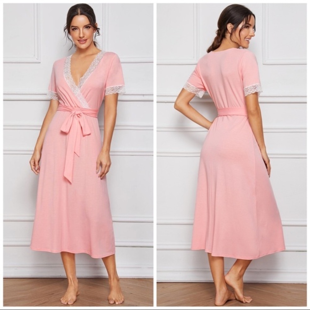 New Pink Lace Belted Nightgown - Picture 1 of 3